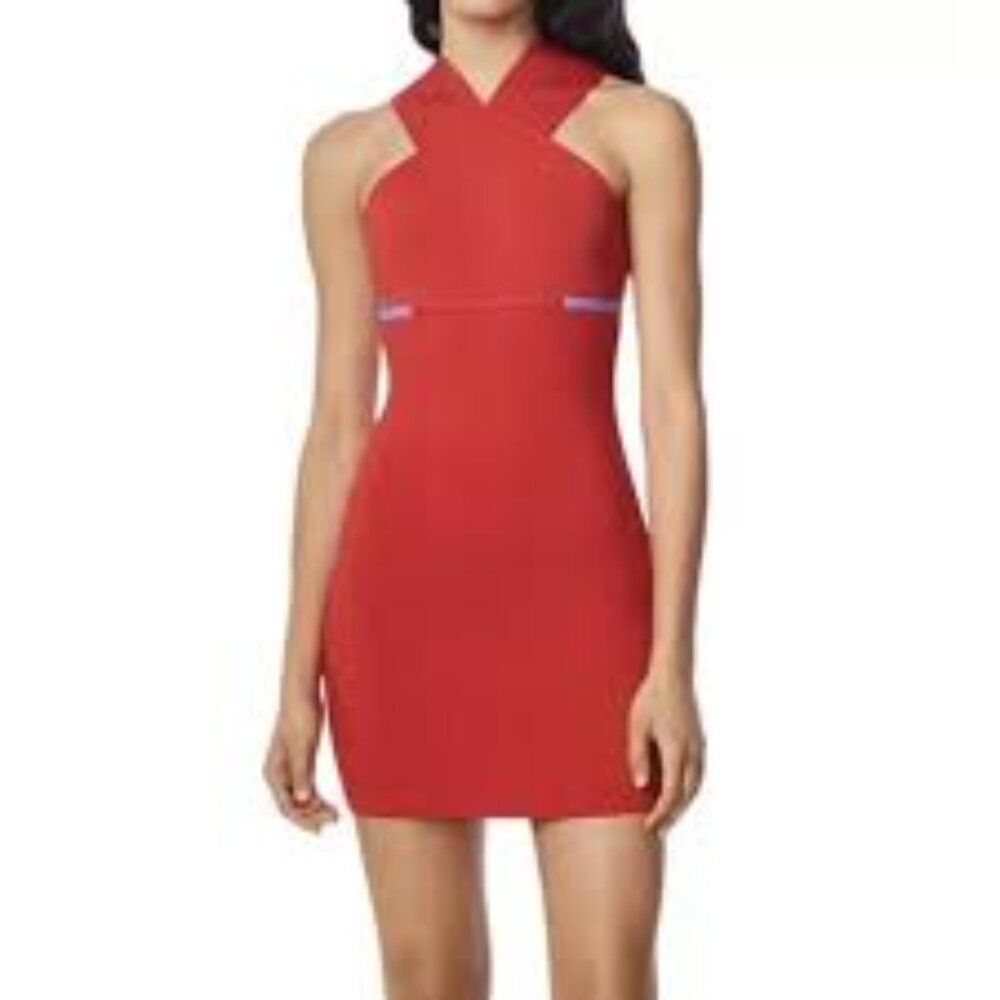 Hervé Léger luxe Halter RED ribbed Bandage Sheath party mini Dress Like New LG - Picture 3 of 12